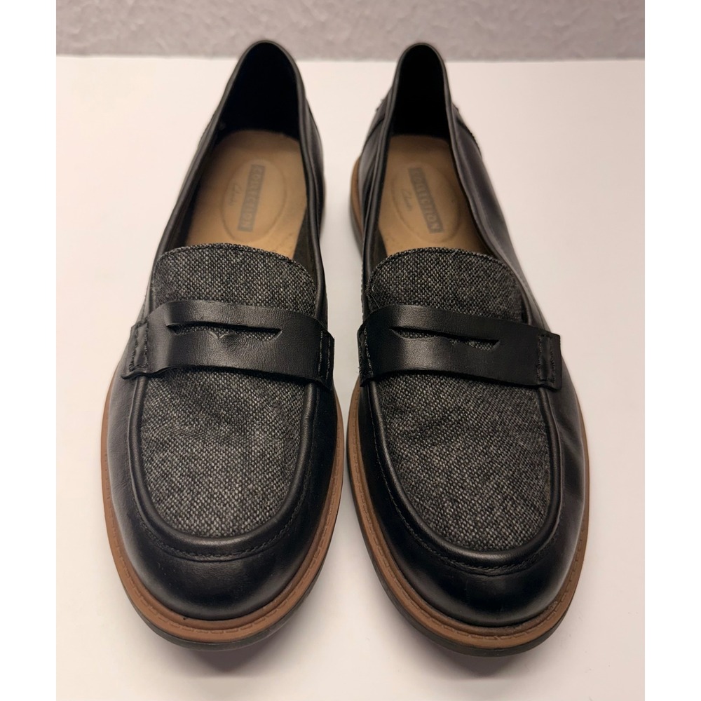 Clarks Collection Womens Black Leather Grey Fabric Penny Loafers Size 10 M